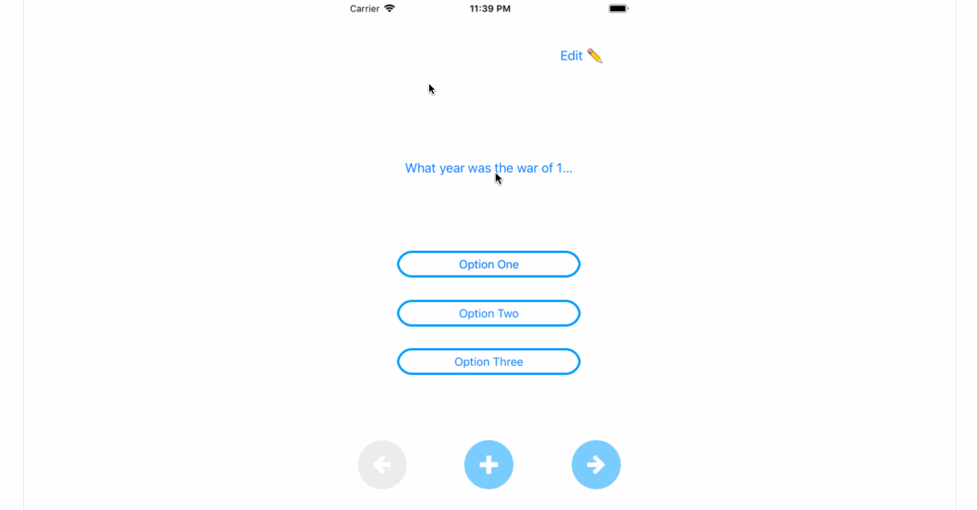 mobile iOS flashcards app demo, question and option clicking